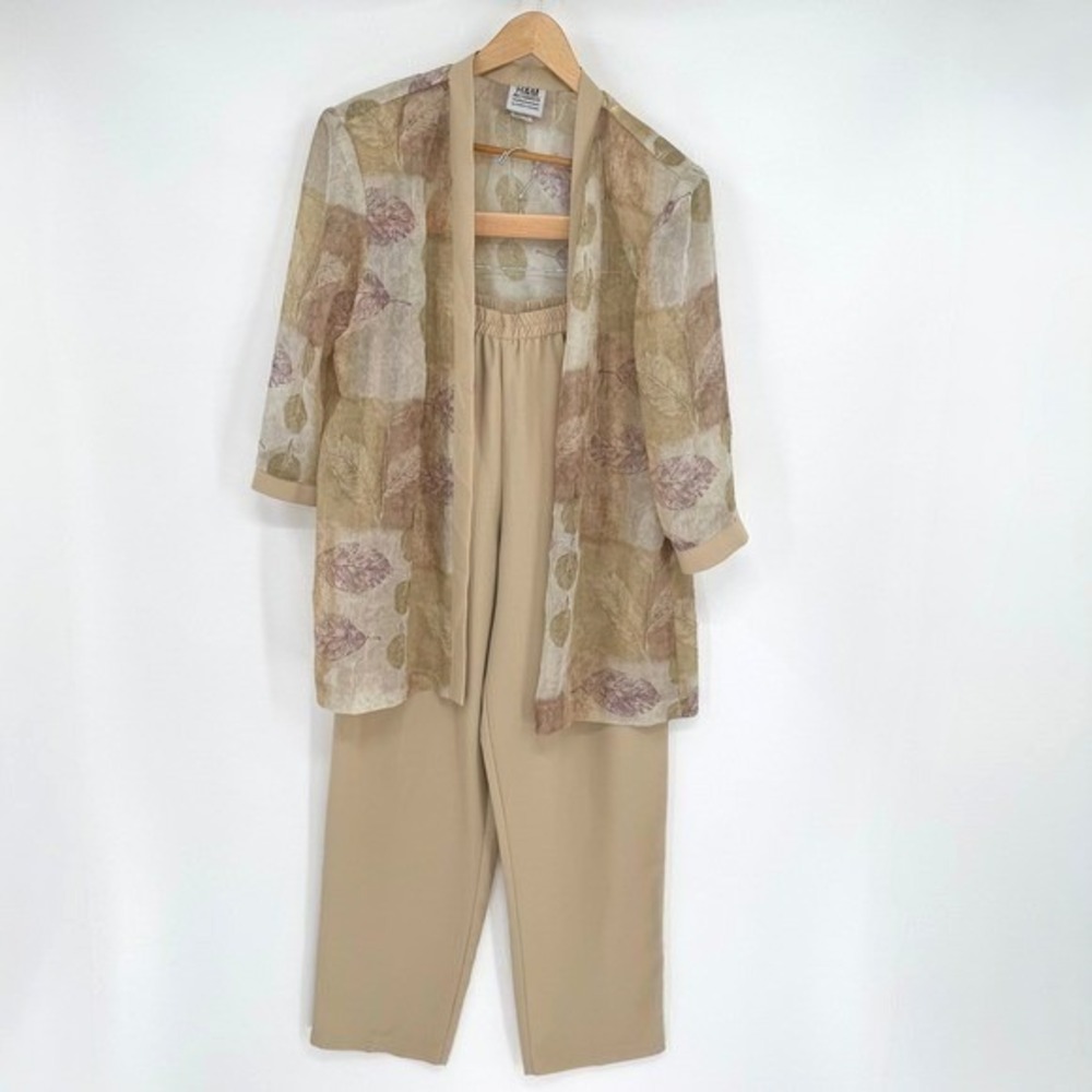 R&M Rcihards Lightweight Tan Leaf Pattern Sheer Cardigan/Beige Pants Set Sz 18